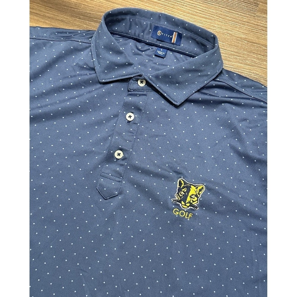 Stitch Lenoir Golf Blue Performance Dots Short Sleeve Stretch Polo Shirt Sz L